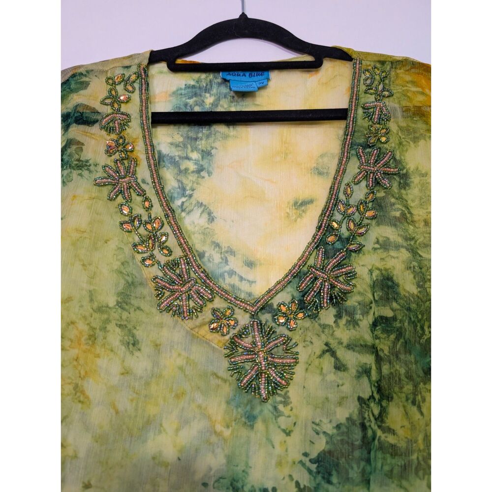 Aqua Blue Boho Sheer Beaded Swim Cover Up 2X Green Gold Tie Dye Resort Top - Picture 5 of 5